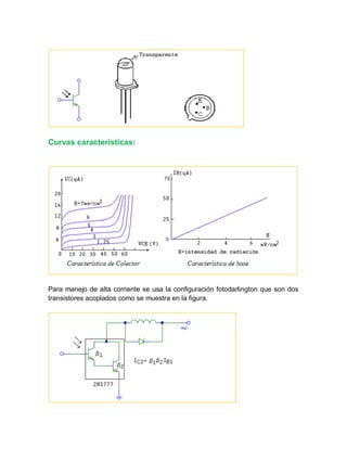 Curvas características:
Para manejo de alta corriente se usa la configuración fotodarlington que son dos
transistores acoplados como se muestra en la figura.
 