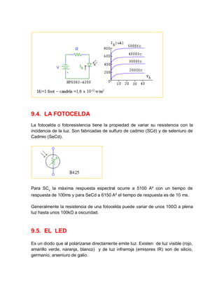 9.4. LA FOTOCELDA
La fotocelda o fotoresistencia tiene la propiedad de variar su resistencia con la
incidencia de la luz. Son fabricadas de sulfuro de cadmio (SCd) y de seleniuro de
Cadmio (SeCd).
Para SCd
la máxima respuesta espectral ocurre a 5100 Aº con un tiempo de
respuesta de 100ms y para SeCd a 6150 Aº el tiempo de respuesta es de 10 ms.
Generalmente la resistencia de una fotocelda puede variar de unos 100Ω a plena
luz hasta unos 100kΩ a oscuridad.
9.5. EL LED
Es un diodo que al polarizarse directamente emite luz. Existen de luz visible (rojo,
amarillo verde, naranja, blanco) y de luz infrarroja (emisores IR) son de silicio,
germanio, arseniuro de galio.
 
