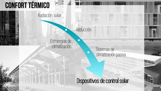 Radiación solar
Reducción
Estrategias de
climatización
Sistemasde
climatización pasiva
Dispositivosdecontrolsolar
 