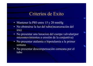Criterios de Exito
• Mantener la PIO entre 15 y 20 mmHg
• No obstruirse la luz del tubo(incarceración del
iris)
• No presentar una luxacion del cuerpo valvular(por
micromovimientos o erosión de la conjuntiva)
• No presentar atalamia o hipotalamia a la primer
semana
• No presentar descompensación corneana por el
tubo
 