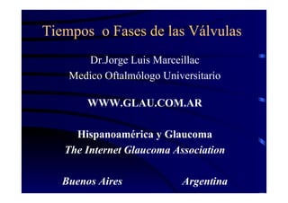 Tiempos o Fases de las Válvulas
Dr.Jorge Luis Marceillac
Medico Oftalmólogo Universitario
WWW.GLAU.COM.AR
Hispanoamérica y Glaucoma
The Internet Glaucoma Association
Buenos Aires Argentina
 