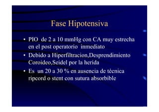 Fase Hipotensiva
• PIO de 2 a 10 mmHg con CA muy estrecha
en el post operatorio inmediato
• Debido a Hiperfiltracion,Desprendimiento
Coroideo,Seidel por la herida
• Es un 20 a 30 % en ausencia de técnica
ripcord o stent con sutura absorbible
 