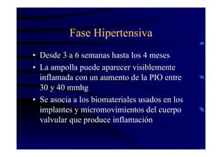 Fase Hipertensiva
• Desde 3 a 6 semanas hasta los 4 meses
• La ampolla puede aparecer visiblemente
inflamada con un aumento de la PIO entre
30 y 40 mmhg
• Se asocia a los biomateriales usados en los
implantes y micromovimientos del cuerpo
valvular que produce inflamación
 