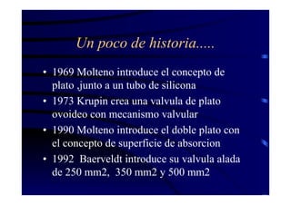 Un poco de historia.....
• 1969 Molteno introduce el concepto de
plato ,junto a un tubo de silicona
• 1973 Krupin crea una valvula de plato
ovoideo con mecanismo valvular
• 1990 Molteno introduce el doble plato con
el concepto de superficie de absorcion
• 1992 Baerveldt introduce su valvula alada
de 250 mm2, 350 mm2 y 500 mm2
 