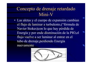 Concepto de drenaje retardado
Mini-V
• Las aletas y el cuerpo de expansión cambian
el flujo de laminar a turbulento,(“fórmula de
Navier Stokes)con lo que hay pérdida de
Energía y por ende disminución de la PIO,el
flujo vuelve a ser laminar al entrar en el
tubo de drenaje,perdiendo Energía
nuevamente
 