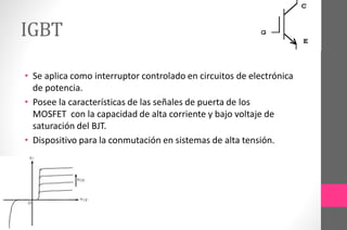 IGBT
• Se aplica como interruptor controlado en circuitos de electrónica
de potencia.
• Posee la características de las señales de puerta de los
MOSFET con la capacidad de alta corriente y bajo voltaje de
saturación del BJT.
• Dispositivo para la conmutación en sistemas de alta tensión.
 