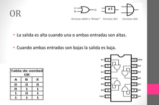 OR
• La salida es alta cuando una o ambas entradas son altas.
• Cuando ambas entradas son bajas la salida es baja.
 