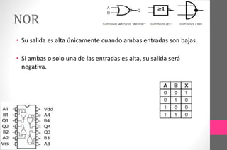 NOR
• Su salida es alta únicamente cuando ambas entradas son bajas.
• Si ambas o solo una de las entradas es alta, su salida será
negativa.
 