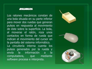 Los ratones mecánicos constan de
una bola situada en su parte inferior
para mover dos ruedas que generan
pulsos en respuesta al movimiento
de éste sobre la superficie. La bola,
al moverse el ratón, roza unos
contactos en forma de rueda que
indican el movimiento del cursor en
la pantalla del sistema informático.
La circuitería interna cuenta los
pulsos generados por la rueda y
envía     la    información    a     la
computadora,         que     mediante
software procesa e interpreta.
 