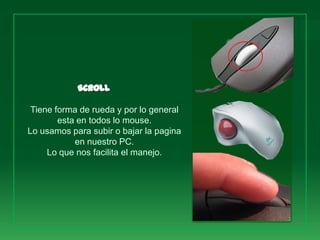 Tiene forma de rueda y por lo general
        esta en todos lo mouse.
Lo usamos para subir o bajar la pagina
            en nuestro PC.
     Lo que nos facilita el manejo.
 