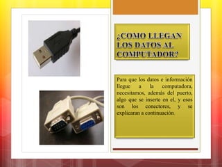 Para que los datos e información 
llegue a la computadora, 
necesitamos, además del puerto, 
algo que se inserte en el, y esos 
son los conectores, y se 
explicaran a continuación. 
 