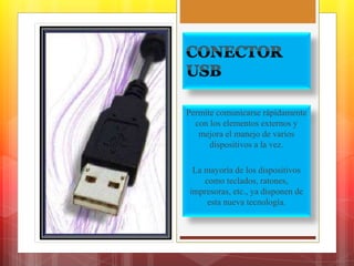 Permite comunicarse rápidamente 
con los elementos externos y 
mejora el manejo de varios 
dispositivos a la vez. 
La mayoría de los dispositivos 
como teclados, ratones, 
impresoras, etc., ya disponen de 
esta nueva tecnología. 
 