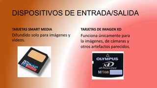 DISPOSITIVOS DE ENTRADA/SALIDA
TARJETAS SMART MEDIA
Difundido solo para imágenes y
videos.
TARJETAS DE IMAGEN XD
Funciona únicamente para
la imágenes, de cámaras y
otros artefactos parecidos.
 