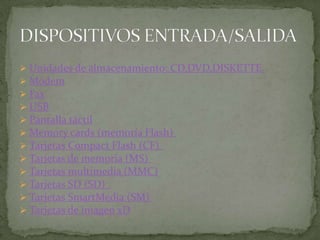  Unidades de almacenamiento: CD,DVD,DISKETTE.
 Módem
 Fax
 USB
 Pantalla táctil
 Memory cards (memoría Flash)
 Tarjetas Compact Flash (CF)
 Tarjetas de memoria (MS)
 Tarjetas multimedia (MMC)
 Tarjetas SD (SD)
 Tarjetas SmartMedia (SM)
 Tarjetas de imagen xD
 