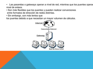 • Las pasarelas o gateways operan a nivel de red, mientras que los puentes operan
nivel de enlace.
• Son más flexibles que los puentes y pueden realizar conversiones
entre formatos de dirección de redes distintas.
• Sin embargo, son más lentos que
los puentes debido a que necesitan un mayor volumen de cálculos.
 