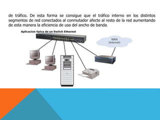 de tráfico. De esta forma se consigue que el tráfico interno en los distintos
segmentos de red conectados al conmutador afecte al resto de la red aumentando
de esta manera la eficiencia de uso del ancho de banda.
 