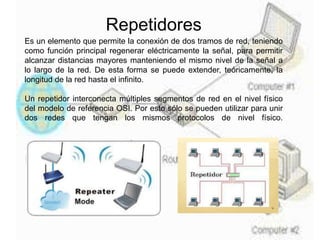 Repetidores
Es un elemento que permite la conexión de dos tramos de red, teniendo
como función principal regenerar eléctricamente la señal, para permitir
alcanzar distancias mayores manteniendo el mismo nivel de la señal a
lo largo de la red. De esta forma se puede extender, teóricamente, la
longitud de la red hasta el infinito.
Un repetidor interconecta múltiples segmentos de red en el nivel físico
del modelo de referencia OSI. Por esto sólo se pueden utilizar para unir
dos redes que tengan los mismos protocolos de nivel físico.
 