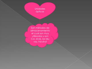 Unidades ópticasSon métodos de almacenamiento el cual son muy utilizadas y son  Cd, dvds, los blu ray, hd-dvd