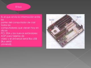 El busEs el que envía la información entre las     partes del computador de casi todos loscomputadores que vienen hoy en día esPCI, EISA y los nuevos estándares: AGP para tarjetas de vídeo y el Universal Serial Bus USB (Bus serial universal).