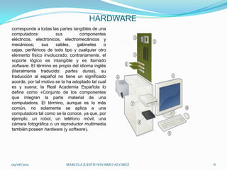 HARDWAREcorresponde a todas las partes tangibles de una computadora: sus componentes eléctricos, electrónicos, electromecánicos y mecánicos; sus cables, gabinetes o cajas, periféricos de todo tipo y cualquier otro elemento físico involucrado; contrariamente, el soporte lógico es intangible y es llamado software. El término es propio del idioma inglés (literalmente traducido: partes duras), su traducción al español no tiene un significado acorde, por tal motivo se la ha adoptado tal cual es y suena; la Real Academia Española lo define como «Conjunto de los componentes que integran la parte material de una computadora. El término, aunque es lo más común, no solamente se aplica a una computadora tal como se la conoce, ya que, por ejemplo, un robot, un teléfono móvil, una cámara fotográfica o un reproductor multimedia también poseen hardware (y software).09/06/2011MARCELA JUDITH NAVARRO ALVAREZ 6