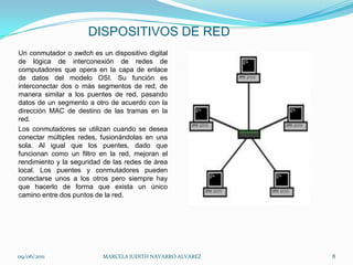 DISPOSITIVOS DE REDUn conmutador o switch es un dispositivo digital de lógica de interconexión de redes de computadoresque opera en la capa de enlace de datos del modelo OSI. Su función es interconectar dos o más segmentos de red, de manera similar a los puentes de red, pasando datos de un segmento a otro de acuerdo con la dirección MAC de destino de las tramas en la red.Los conmutadores se utilizan cuando se desea conectar múltiples redes, fusionándolas en una sola. Al igual que los puentes, dado que funcionan como un filtro en la red, mejoran el rendimiento y la seguridad de las redes de área local. Los puentes y conmutadores pueden conectarse unos a los otros pero siempre hay que hacerlo de forma que exista un único camino entre dos puntos de la red.09/06/2011MARCELA JUDITH NAVARRO ALVAREZ 8