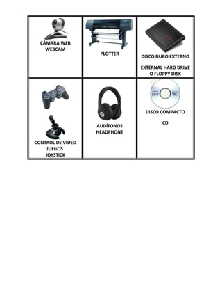 CÁMARA WEB
WEBCAM
PLOTTER
DISCO DURO EXTERNO
EXTERNAL HARD DRIVE
O FLOPPY DISK
CONTROL DE VIDEO
JUEGOS
JOYSTICK
AUDÍFONOS
HEADPHONE
DISCO COMPACTO
CD
 