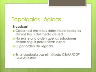 Topologías Lógicas
Broadcast
 Cada host envía sus datos hacia todos los
demás hosts del medio de red.
 No existe una orden que las estaciones
deban seguir para utilizar la red.
 Es por orden de llegada.
 Esta topología usa el método CSMA/CD?
Que es esto?
 