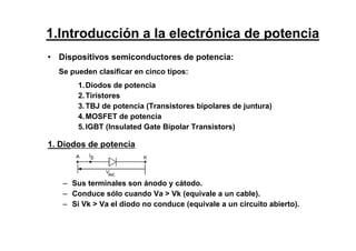 • Dispositivos semiconductores de potencia:
Se pueden clasificar en cinco tipos:
1.Diodos de potencia
2.Tiristores
3.TBJ de potencia (Transistores bipolares de juntura)
4.MOSFET de potencia
5.IGBT (Insulated Gate Bipolar Transistors)
1. Diodos de potencia
– Sus terminales son ánodo y cátodo.
– Conduce sólo cuando Va > Vk (equivale a un cable).
– Si Vk > Va el diodo no conduce (equivale a un circuito abierto).
1.Introducción a la electrónica de potencia
 