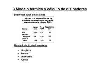 Diferentes tipos de aislantes
Mantenimiento de disipadores
• Limpieza
• Pulido
• Lubricado
• Ajuste
3.Modelo térmico y cálculo de disipadores
 