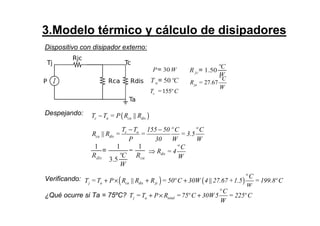 3.Modelo térmico y cálculo de disipadores
Dispositivo con disipador externo:
Despejando:
Verificando:
¿Qué ocurre si Ta = 75ºC?
P= 30W
Ta= 50ºC
R jc= 1.50
ºC
W
27.67ja
º C
R =
W
155cT = º C
( )||c a ca disT T = P R R−
|| c a
ca dis
T T 155 50 º C º C
R R = = = 3.5
P 30 W W
− −
1
Rdis
=
1
3.5
ºC
W
−
1
Rca
dis
º C
R = 4
W
⇒
( ) ( )|| ||j a ca dis jc
º C
T =T P R R R = 50º C 30W 4 27.67 +1.5 = 199.8º C
W
+ × + +
j a total
º C
T =T P R =75º C 30W5 = 225º C
W
+ × +
 