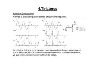 4.Tiristores
Ejercicio (resolución)
Vemos la situación para distintos ángulos de disparos:
La potencia disipada en la carga es máxima cuando el disparo se produce en
td = 0. Entonces, el SCR conduce durante un semiciclo completo de la señal,
ya que en el semiciclo negativo el SCR se apaga.
vs
t
vSCR
t
vRL
t
vs
t
vSCR
t
vRL
t
td = 0 td > 0
 