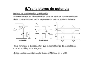 5.Transistores de potencia
Tiempo de conmutación y disipación
- Con el transistor en saturación o en corte las pérdidas son despreciables.
- Pero durante la conmutación se produce un pico de potencia disipada:
- Para minimizar la disipación hay que reducir el tiempo de conmutación,
en el encendido y en el apagado.
- Estos efectos son más importantes en el TBJ que en el MOS
VS
 