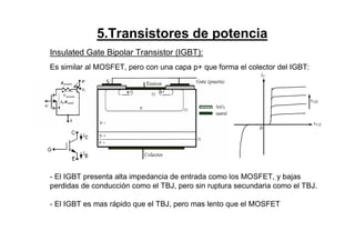 Insulated Gate Bipolar Transistor (IGBT):
Es similar al MOSFET, pero con una capa p+ que forma el colector del IGBT:
- El IGBT presenta alta impedancia de entrada como los MOSFET, y bajas
perdidas de conducción como el TBJ, pero sin ruptura secundaria como el TBJ.
- El IGBT es mas rápido que el TBJ, pero mas lento que el MOSFET
5.Transistores de potencia
 