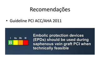 Recomendações 
• Gu2id0e1lin1e A PCCI CAC/AC/HAHAA P 2C01I1 Guidelines 
Embolic protection devices 
(EPDs) should be used during 
saphenous vein graft PCI when 
technically feasible 
I IIa IIb III 
B 
 
