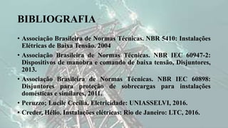 BIBLIOGRAFIA
• Associação Brasileira de Normas Técnicas. NBR 5410: Instalações
Elétricas de Baixa Tensão. 2004
• Associação Brasileira de Normas Técnicas. NBR IEC 60947-2:
Dispositivos de manobra e comando de baixa tensão, Disjuntores,
2013.
• Associação Brasileira de Normas Técnicas. NBR IEC 60898:
Disjuntores para proteção de sobrecargas para instalações
domésticas e similares, 2011.
• Peruzzo; Lucile Cecília. Eletricidade: UNIASSELVI, 2016.
• Creder, Hélio. Instalações elétricas: Rio de Janeiro: LTC, 2016.
 