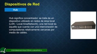 Hub
UNIVERSIDAD POLICTÉNICA AMAZÓNICA
1. Dispositivos de Red
Hub significa concentrador, se trata de un
dispositivo utilizado en redes de área local
(LAN - Local AreaNetwork), una red local es
aquella que cuenta con una interconexión de
computadoras relativamente cercanas por
medio de cables.
 