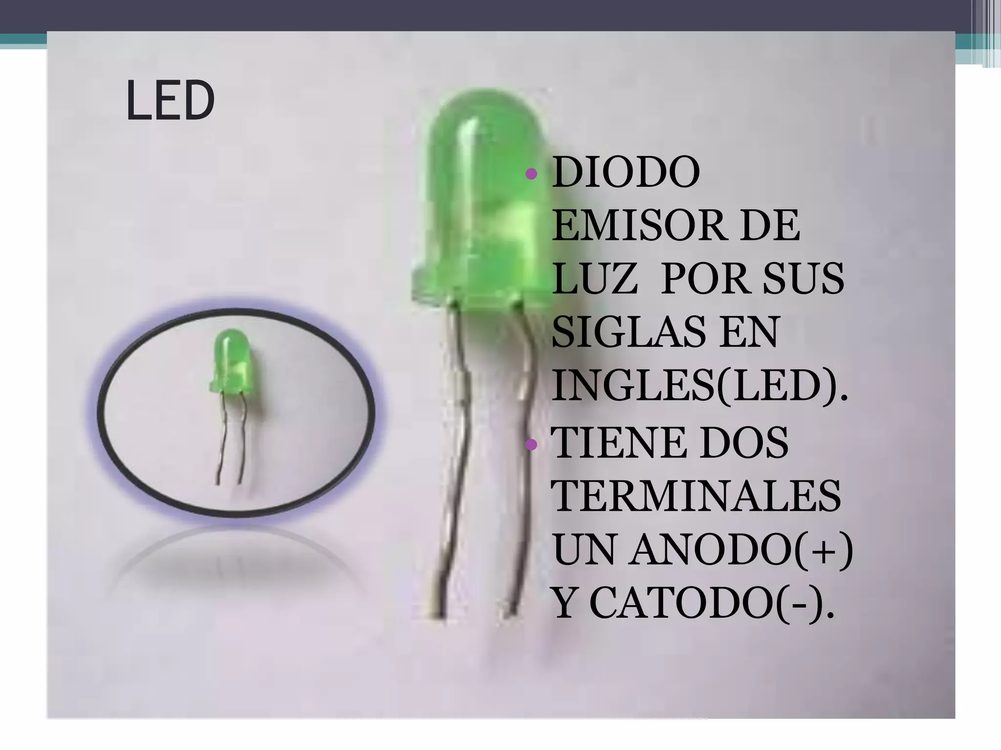 LED
      • DIODO
        EMISOR DE
        LUZ POR SUS
        SIGLAS EN
        INGLES(LED).
      • TIENE DOS
        TERMINALES
        UN ANODO(+)
        Y CATODO(-).
 