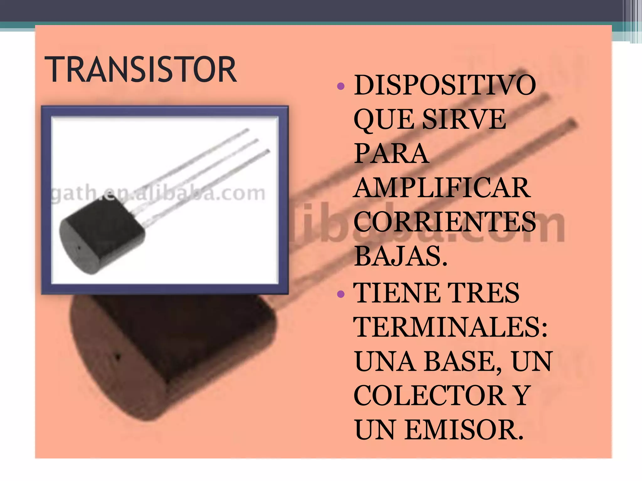TRANSISTOR   • DISPOSITIVO
               QUE SIRVE
               PARA
               AMPLIFICAR
               CORRIENTES
               BAJAS.
             • TIENE TRES
               TERMINALES:
               UNA BASE, UN
               COLECTOR Y
               UN EMISOR.
 