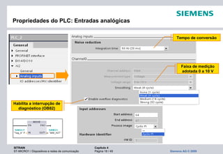 SITRAIN Capítulo 4
ST-MICRO1 / Dispositivos e redes de comunicação Página 18 / 49 Siemens AG © 2009
Propriedades do PLC: Entradas analógicas
Tempo de conversão
Faixa de medição
adotada 0 a 10 V
Habilita a interrupção de
diagnóstico (OB82)
 