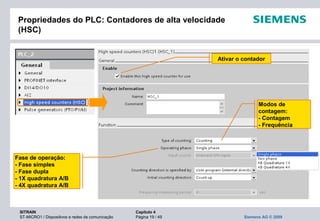 SITRAIN Capítulo 4
ST-MICRO1 / Dispositivos e redes de comunicação Página 19 / 49 Siemens AG © 2009
Propriedades do PLC: Contadores de alta velocidade
(HSC)
Ativar o contador
Modos de
contagem:
- Contagem
- Frequência
Fase de operação:
- Fase simples
- Fase dupla
- 1X quadratura A/B
- 4X quadratura A/B
 