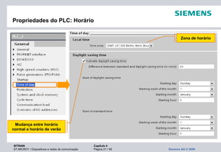 SITRAIN Capítulo 4
ST-MICRO1 / Dispositivos e redes de comunicação Página 21 / 49 Siemens AG © 2009
Propriedades do PLC: Horário
Zona de horário
Mudança entre horário
normal e horário de verão
 