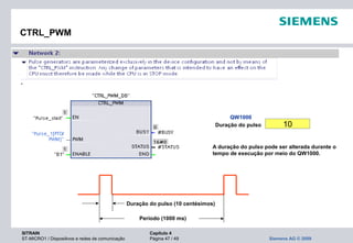 SITRAIN Capítulo 4
ST-MICRO1 / Dispositivos e redes de comunicação Página 47 / 49 Siemens AG © 2009
CTRL_PWM
Período (1000 ms)
Duração do pulso (10 centésimos)
10Duração do pulso
QW1000
A duração do pulso pode ser alterada durante o
tempo de execução por meio do QW1000.
 