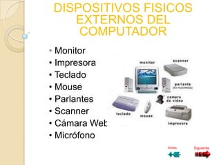 DISPOSITIVOS FISICOS
   EXTERNOS DEL
    COMPUTADOR
• Monitor
• Impresora
• Teclado
• Mouse
• Parlantes
• Scanner
• Cámara Web
• Micrófono
                Inicio   Siguiente
 