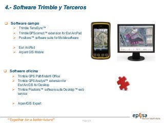 “Together for a better future”
4.- Software Trimble y Terceros
Página 9
 Software campo
 Trimble TerraSync™
 TrimbleGPScorrect™ extension for Esri ArcPad
 Positions™ software suite for Mobilesoftware
 Esri ArcPad
 Arpent GIS Mobile
 Software oficina
 Trimble GPS Pathfinder® Office
 Trimble GPS Analyst™ extension for
Esri ArcGIS for Desktop
 Trimble Positions™ software suite Desktop™ web
service
 ArpentGIS Expert
 