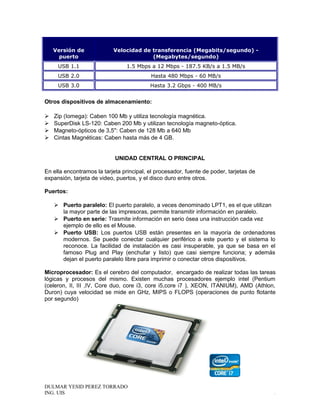 Versión de
puerto
Velocidad de transferencia (Megabits/segundo) -
(Megabytes/segundo)
USB 1.1 1.5 Mbps a 12 Mbps - 187.5 KB/s a 1.5 MB/s
USB 2.0 Hasta 480 Mbps - 60 MB/s
USB 3.0 Hasta 3.2 Gbps - 400 MB/s
Otros dispositivos de almacenamiento:
 Zip (Iomega): Caben 100 Mb y utiliza tecnología magnética.
 SuperDisk LS-120: Caben 200 Mb y utilizan tecnología magneto-óptica.
 Magneto-ópticos de 3,5'': Caben de 128 Mb a 640 Mb
 Cintas Magnéticas: Caben hasta más de 4 GB.
UNIDAD CENTRAL O PRINCIPAL
En ella encontramos la tarjeta principal, el procesador, fuente de poder, tarjetas de
expansión, tarjeta de video, puertos, y el disco duro entre otros.
Puertos:
 Puerto paralelo: El puerto paralelo, a veces denominado LPT1, es el que utilizan
la mayor parte de las impresoras, permite transmitir información en paralelo.
 Puerto en serie: Trasmite información en serio ósea una instrucción cada vez
ejemplo de ello es el Mouse.
 Puerto USB: Los puertos USB están presentes en la mayoría de ordenadores
modernos. Se puede conectar cualquier periférico a este puerto y el sistema lo
reconoce. La facilidad de instalación es casi insuperable, ya que se basa en el
famoso Plug and Play (enchufar y listo) que casi siempre funciona; y además
dejan el puerto paralelo libre para imprimir o conectar otros dispositivos.
Microprocesador: Es el cerebro del computador, encargado de realizar todas las tareas
lógicas y procesos del mismo. Existen muchas procesadores ejemplo intel (Pentium
(celeron, II, III ,IV, Core duo, core i3, core i5,core i7 ), XEON, ITANIUM), AMD (Athlon,
Duron) cuya velocidad se mide en GHz, MIPS o FLOPS (operaciones de punto flotante
por segundo)
DULMAR YESID PEREZ TORRADO
ING. UIS .
 
