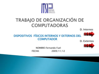 D. Internos

DISPOSITIVOS FÍSICOS INTERNOS Y EXTERNOS DEL
                COMPUTADOR
                                           D. Externos

              NOMBRE:Fernando Fuel
           FECHA:         2009/11/12
 
