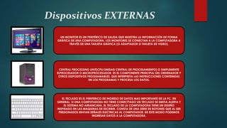 Dispositivos EXTERNAS
UN MONITOR ES UN PERIFÉRICO DE SALIDA QUE MUESTRA LA INFORMACIÓN DE FORMA
GRÁFICA DE UNA COMPUTADORA. LOS MONITORES SE CONECTAN A LA COMPUTADORA A
TRAVÉS DE UNA TARJETA GRÁFICA (O ADAPTADOR O TARJETA DE VIDEO).
CENTRAL PROCESSING UNIT(CPU/UNIDAD CENTRAL DE PROCESAMIENTO) O SIMPLEMENTE
ELPROCESADOR O MICROPROCESADOR, ES EL COMPONENTE PRINCIPAL DEL ORDENADOR Y
OTROS DISPOSITIVOS PROGRAMABLES, QUE INTERPRETA LAS INSTRUCCIONES CONTENIDAS
EN LOS PROGRAMAS Y PROCESA LOS DATOS.
EL TECLADO ES EL PERIFERICO DE INGRESO DE DATOS MAS IMPORTANTE DE LA PC. EN
GENERAL, SI UNA COMPUTADOEA NO TIENE CONECTTADO UN TECLADO SE EMITIA ALERTA Y
EL SISTEMA NO ARRANCARA. EL TECLADO DE LA COMPUTADORA TIENE UN DISEÑO
INSPIRADO EN LAS MAQUINAS DE ESCRIBIR. CONSTA DE UNA SERIE DE BOTONES QUE AL SER
PRESIONADOS ENVIAN SEÑALES ELECTRICAS AL COMPUTADOR. DE ESTE MODO PODEMOS
INGRESAR DATOS A LA COMPUTADORA.
 