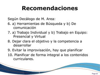 Recomendaciones
Según Decálogo de M. Area:
6. a) Herramientas de Búsqueda y b) De
    comunicación
7. a) Trabajo Individual y b) Trabajo en Equipo:
    Presencial y Virtual
8. Dejar clara el objetivo y la competencia a
    desarrollar
9. Evitar la improvisación, hay que planificar
10. Planificar de forma integral a los contenidos
    curriculares.



                                                    Page 22
 