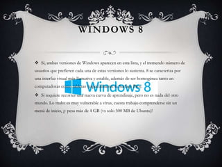 WINDOWS 8
 Sí, ambas versiones de Windows aparecen en esta lista, y el tremendo número de
usuarios que prefieren cada una de estas versiones lo sustenta. 8 se caracteriza por
una interfaz visual más llamativa y estable, además de ser homogénea tanto en
computadoras como tabletas (especialmente la Surface Pro).
 Sí requiere recorrer una nueva curva de aprendizaje, pero no es nada del otro
mundo. Lo malo: es muy vulnerable a virus, cuesta trabajo comprenderse sin un
menú de inicio, ¡y pesa más de 4 GB (vs solo 500 MB de Ubuntu)!
 