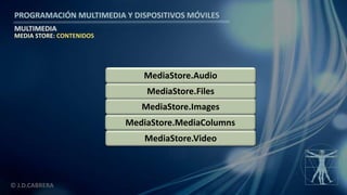 PROGRAMACIÓN MULTIMEDIA Y DISPOSITIVOS MÓVILES
MULTIMEDIA
© J.D.CABRERA
MediaStore.Video
MediaStore.MediaColumns
MediaStore.Images
MediaStore.Files
MEDIA STORE: CONTENIDOS
MediaStore.Audio
 